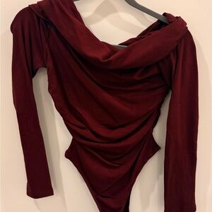 Draped Long Sleeve Bodysuit in Deep Wine
